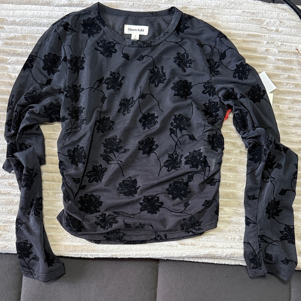Open Edit Black Floral Long Sleeve Top